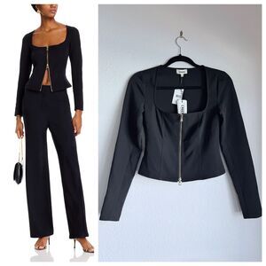 NWT L'AGENCE Paris Ainslee Zip Up Scoop Neck Long Sleeve Top in Black Size 0